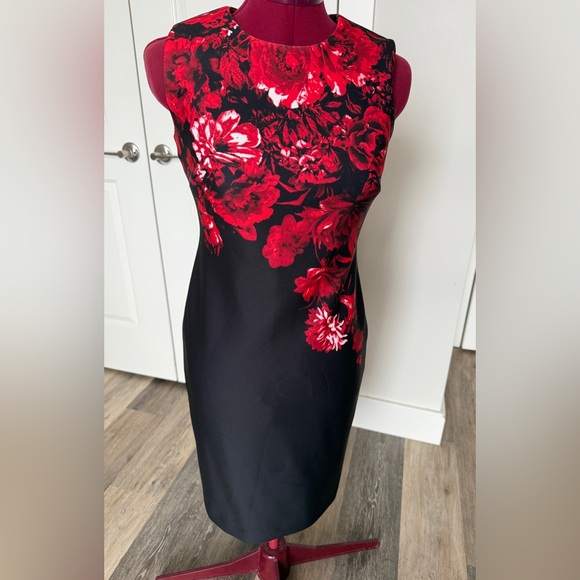 Calvin Klein Border Print Sheath Dress Black and Red Floral - Picture 2 of 8